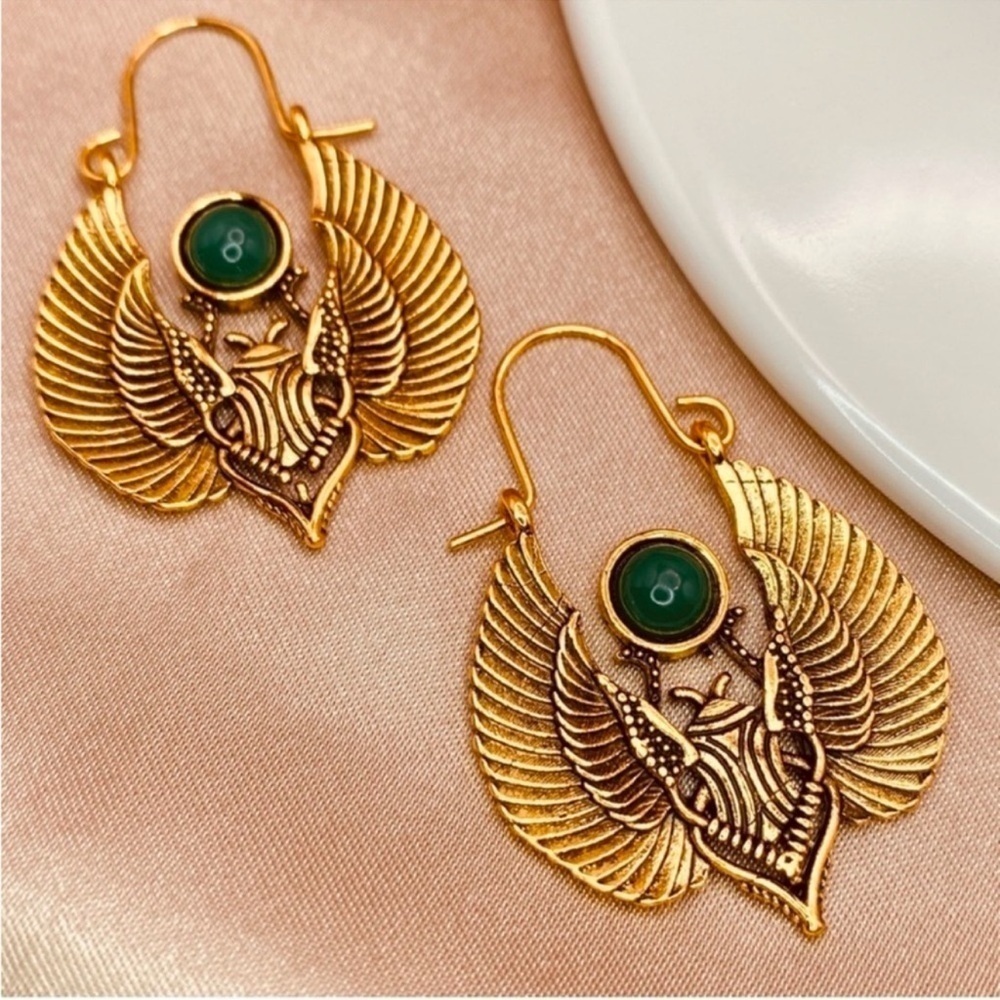 Bohemian Vintage Egyptian Sacred Wings & Moth Antique Gold Dangle Earrinngs